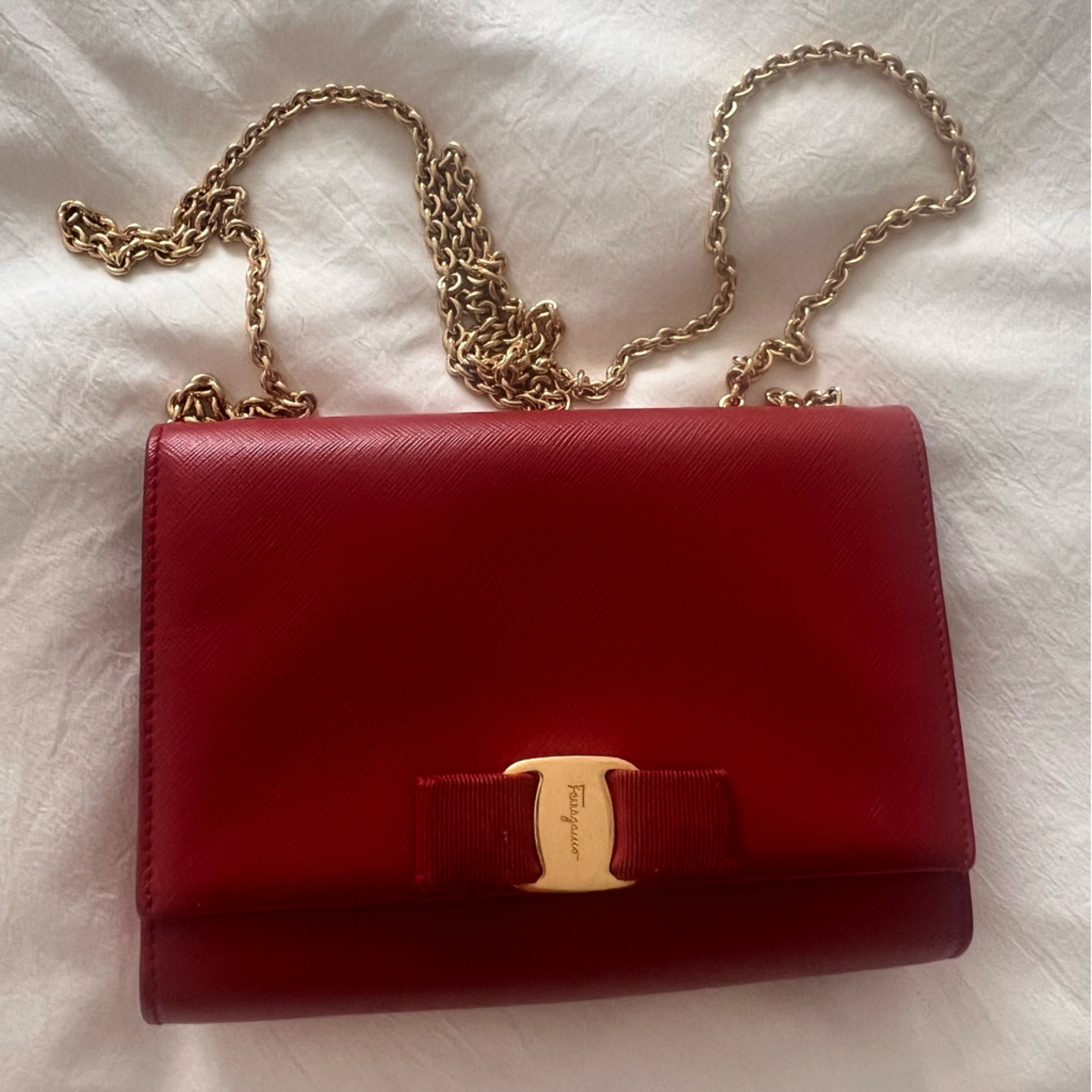 Salvatore Ferragamo Burgundy Crossbody With Gold Chain